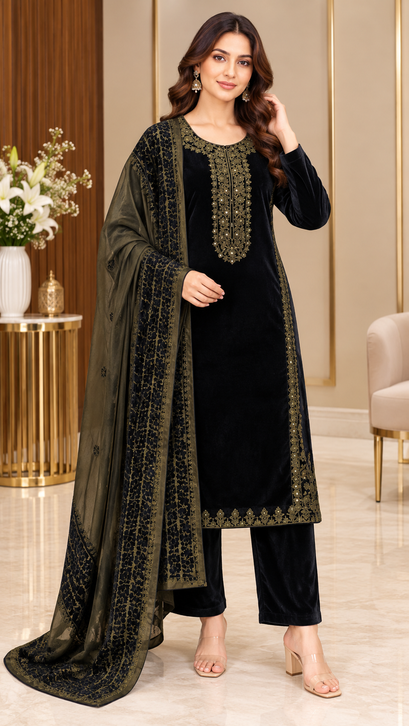 Embroidered Velvet 3-Piece Winter Suit Set
