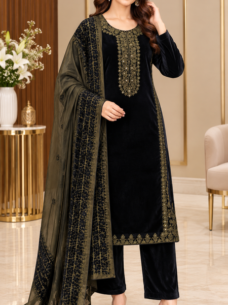Embroidered Velvet 3-Piece Winter Suit Set