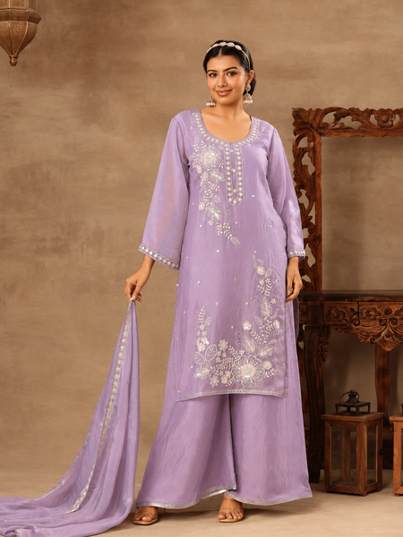 Women’s Steel Blue Embroidered Kurta Palazzo Set with Dupatta | Festive Ethnic Wear