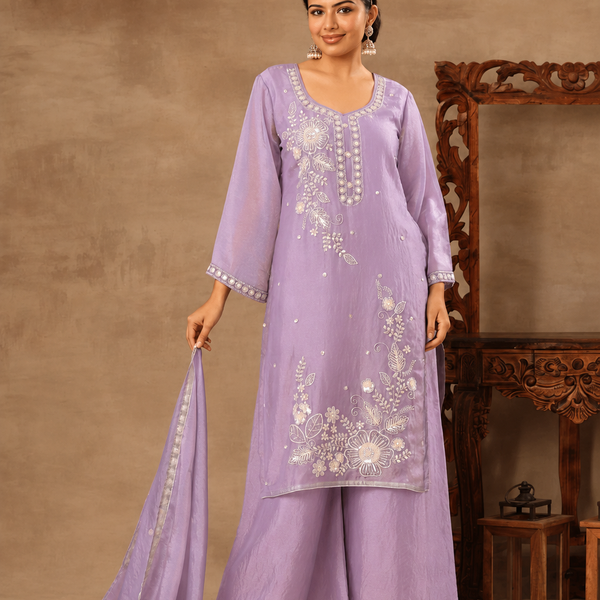 Women’s Steel Blue Embroidered Kurta Palazzo Set with Dupatta | Festive Ethnic Wear