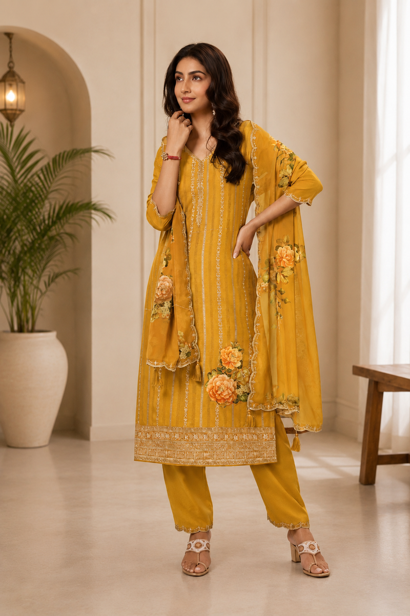 Women’s Mustard Yellow Embroidered Kurta Pant Set with Floral Dupatta | Festive 3-Piece Ethnic Suit