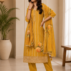 Women’s Mustard Yellow Embroidered Kurta Pant Set with Floral Dupatta | Festive 3-Piece Ethnic Suit