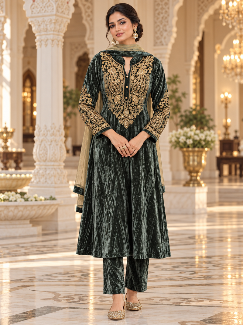 Velvet Zari Embroidered A-Line Suit Set