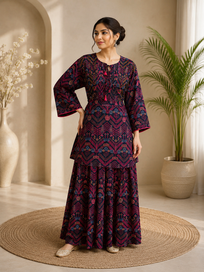 Women’s Navy Blue Printed Peplum Kurti with Tiered Sharara Set | Ethnic Co-ord Set for Women