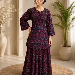 Women’s Navy Blue Printed Peplum Kurti with Tiered Sharara Set | Ethnic Co-ord Set for Women