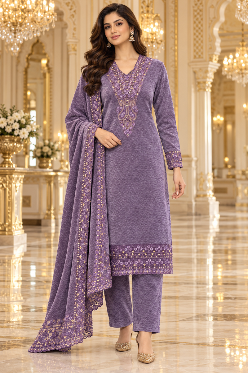 Embroidered Velvet Kurta Set with Dupatta