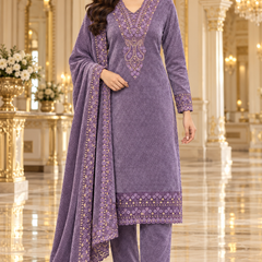 Embroidered Velvet Kurta Set with Dupatta