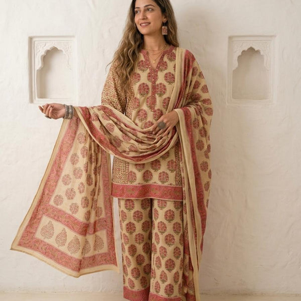 Rustic Olive ,Lime green , with rich teal  Handblock Suit Set