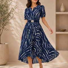 Women’s Navy Blue Abstract Print High-Low Midi Dress with Belt | Elegant Fit & Flare Casual Party Dress