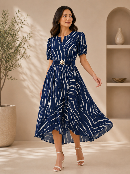 Women’s Navy Blue Abstract Print High-Low Midi Dress with Belt | Elegant Fit & Flare Casual Party Dress
