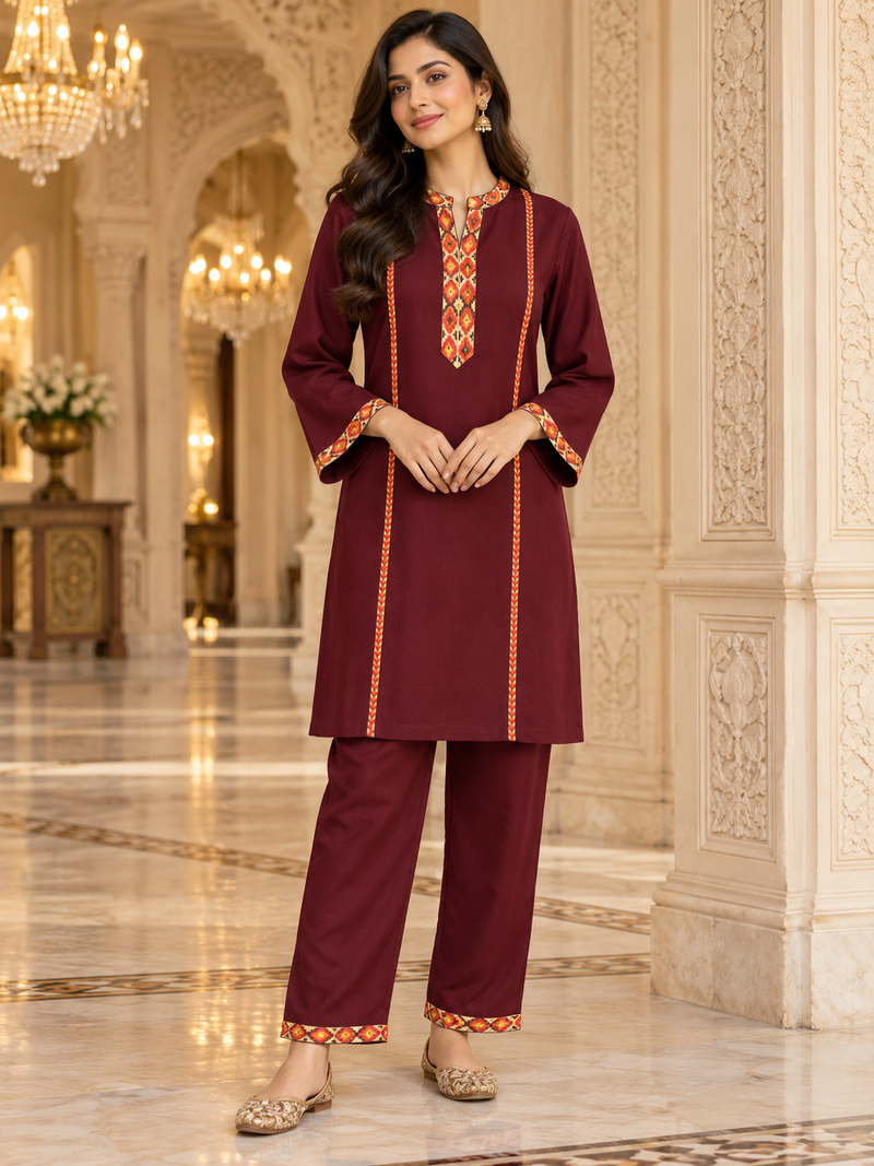 Kashmiri Border Work Winter Kurta Pant Set