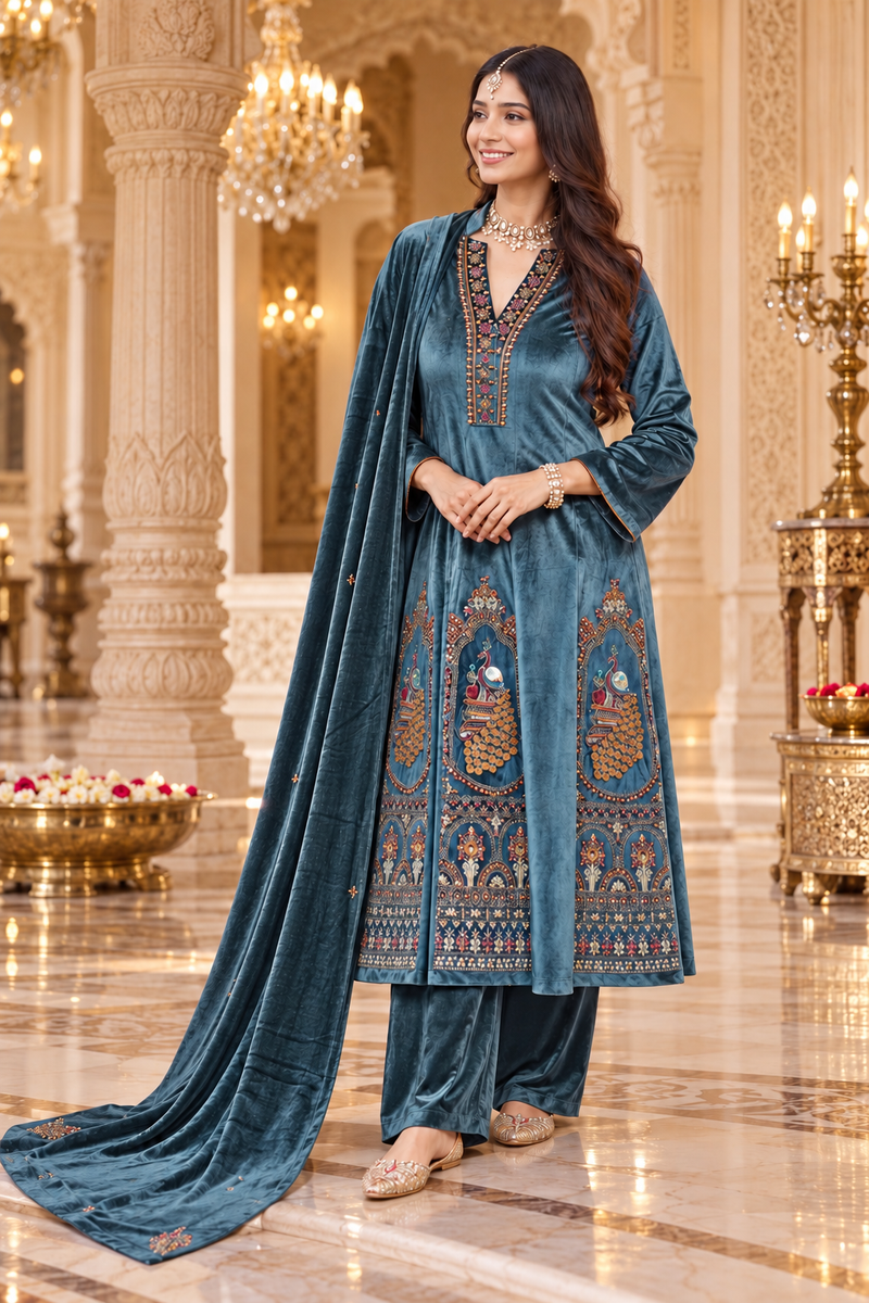 Royal Sapphire Blue Velvet Peacock Embroidered Anarkali Suit Set