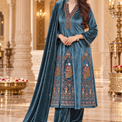 Royal Sapphire Blue Velvet Peacock Embroidered Anarkali Suit Set