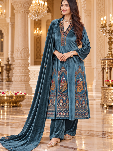 Royal Sapphire Blue Velvet Peacock Embroidered Anarkali Suit Set