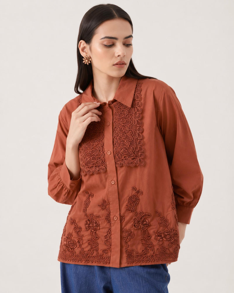Women’s Premium Embroidered Cotton Shirt | Full Sleeve Formal & Casual Button-Down Top