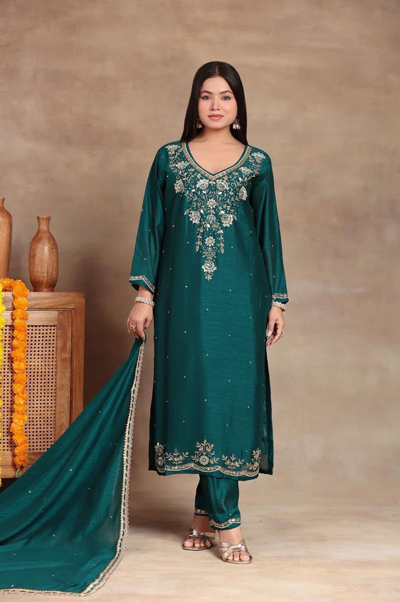 Women’s Rani Pink Embroidered Kurta Pant Set with Dupatta | Festive Ethnic Suit for Women