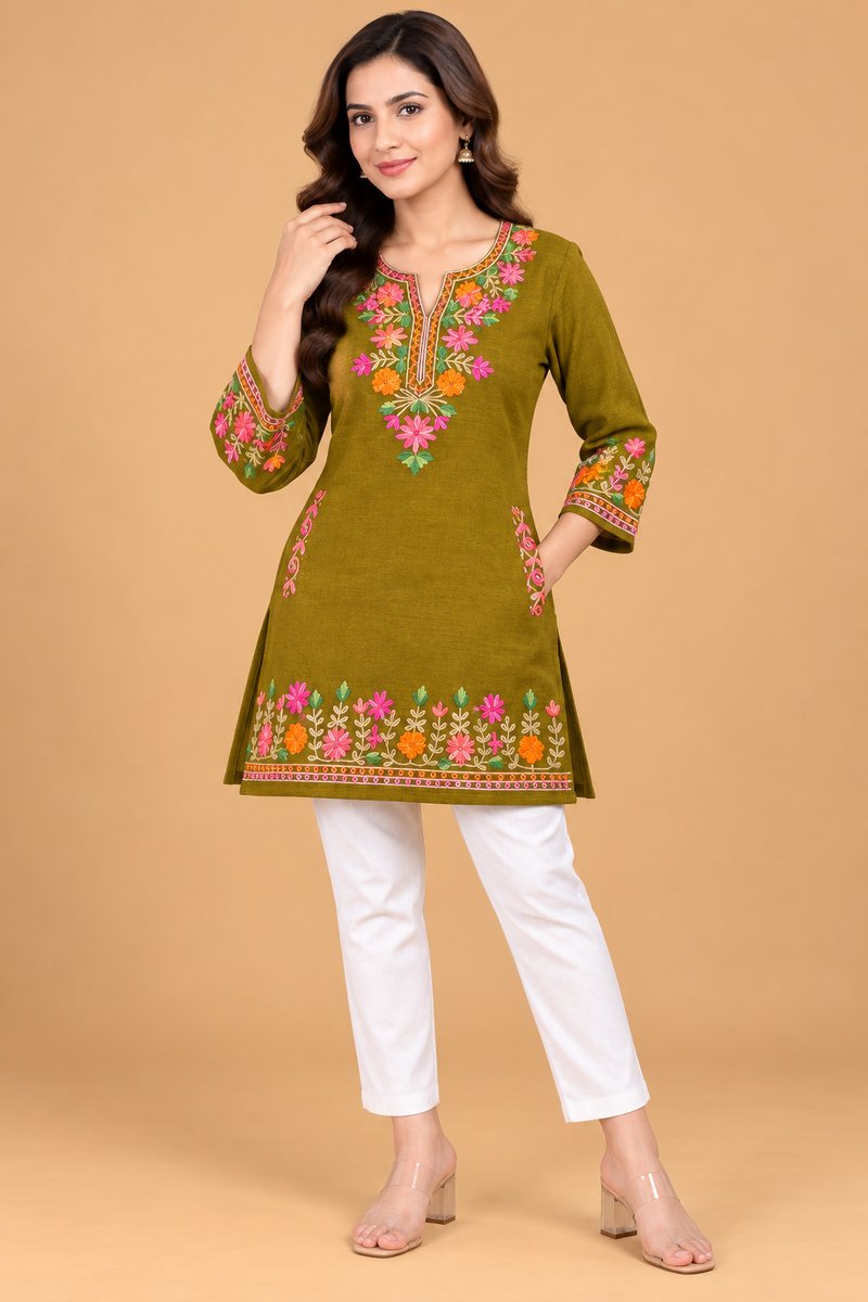Multicolour Floral Embroidered Short Kurti for Women