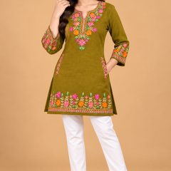 Multicolour Floral Embroidered Short Kurti for Women