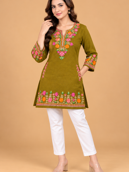 Multicolour Floral Embroidered Short Kurti for Women