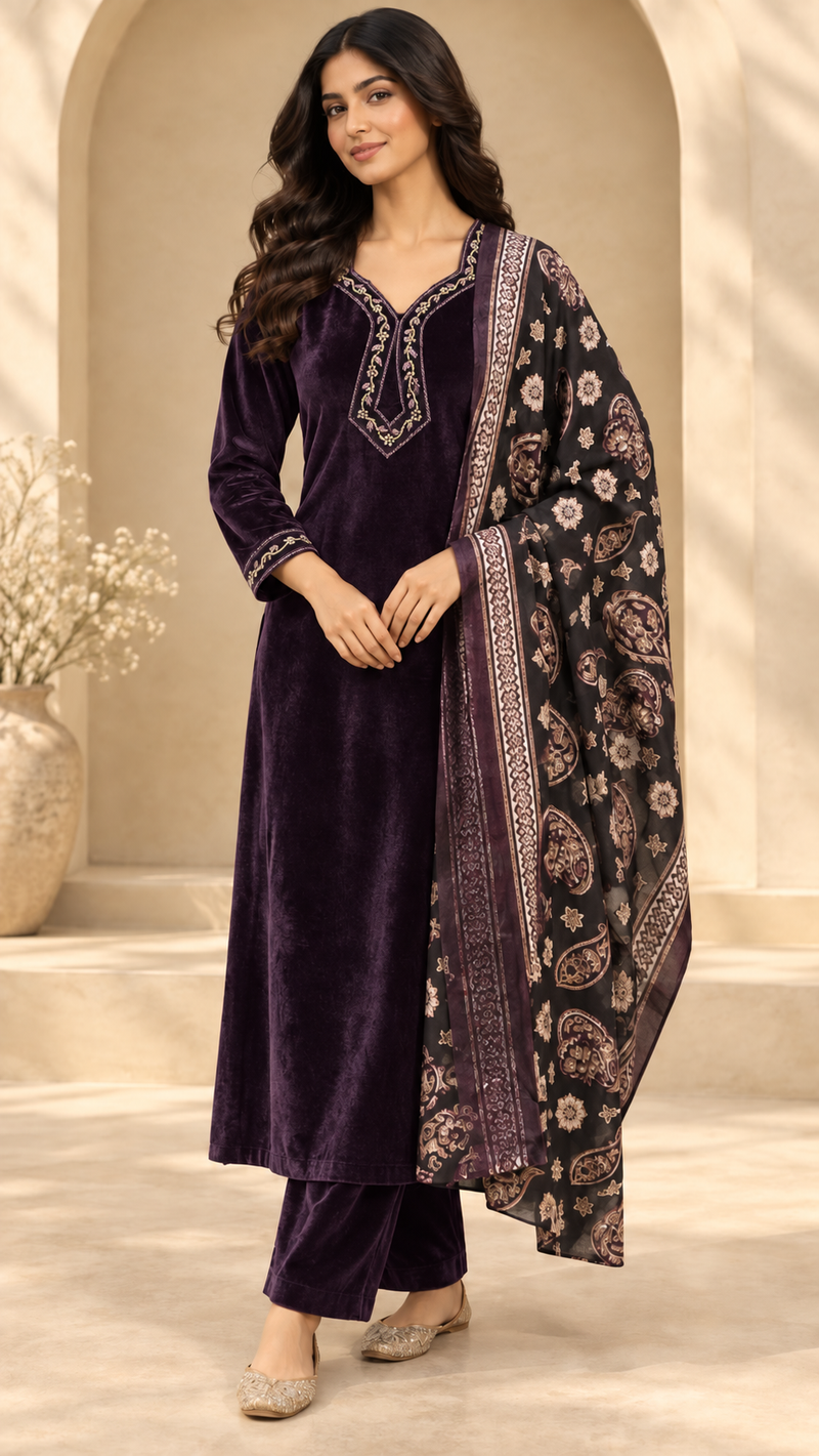 Velvet Embroidered Suit Set with Printed Dupatta