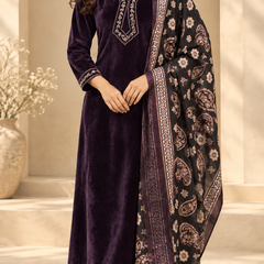 Velvet Embroidered Suit Set with Printed Dupatta