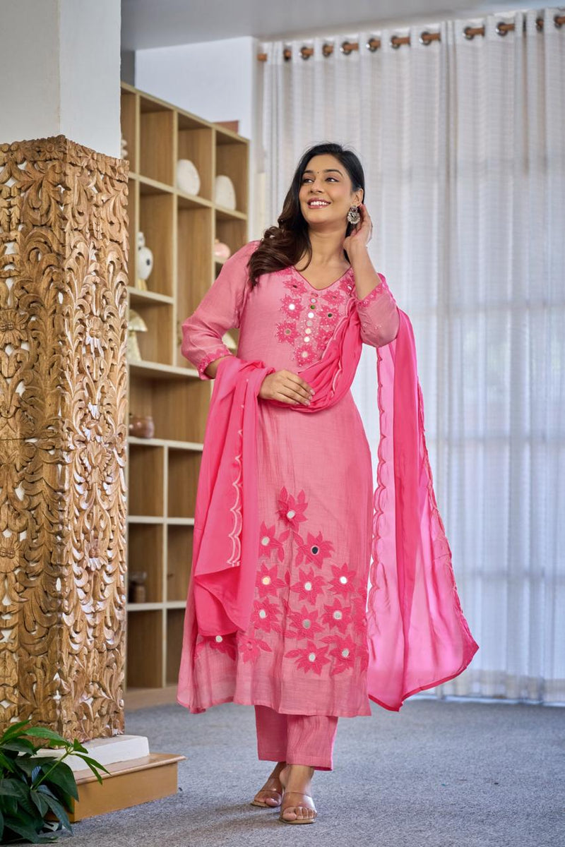Premium Mul Chanderi Appliqué & Mirror Work Kurta Set with Dupatta