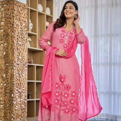 Premium Mul Chanderi Appliqué & Mirror Work Kurta Set with Dupatta