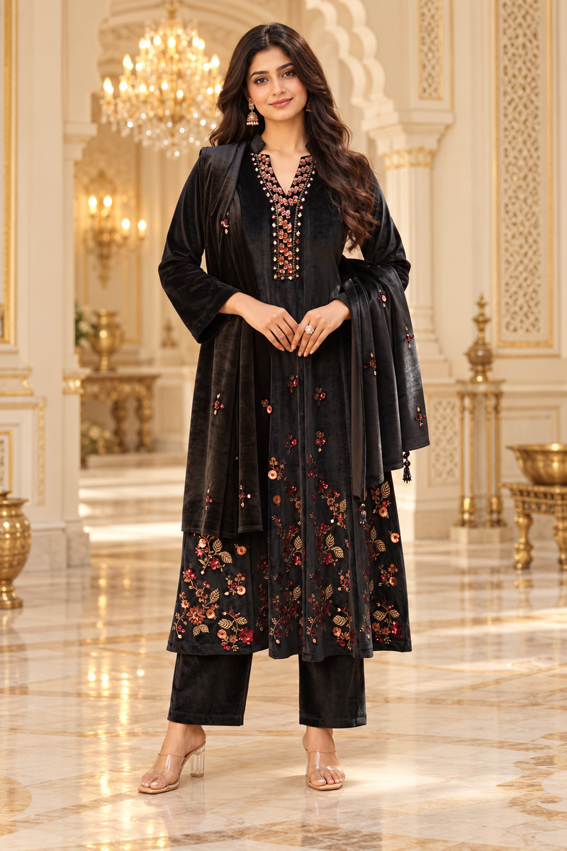 Black Velvet Floral Embroidered 3-Piece Winter Suit Set