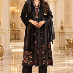 Black Velvet Floral Embroidered 3-Piece Winter Suit Set