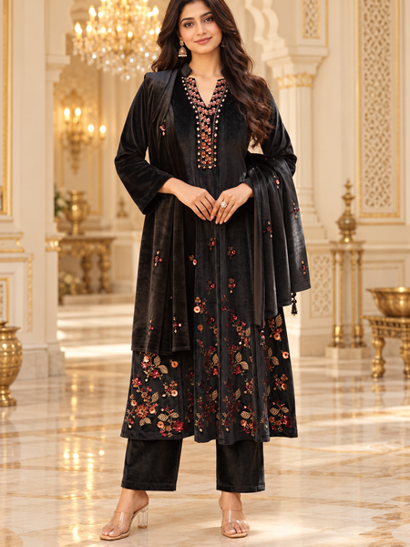 Black Velvet Floral Embroidered 3-Piece Winter Suit Set