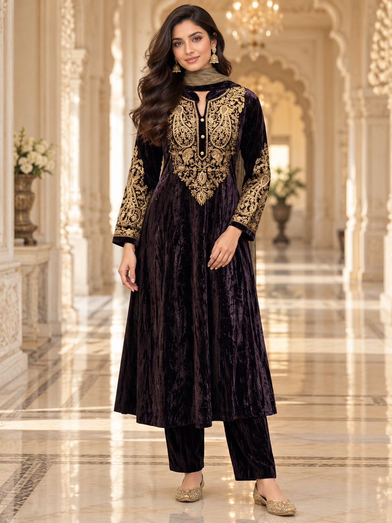 Velvet Zari Embroidered A-Line Suit Set