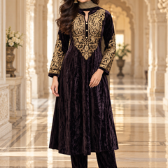 Velvet Zari Embroidered A-Line Suit Set