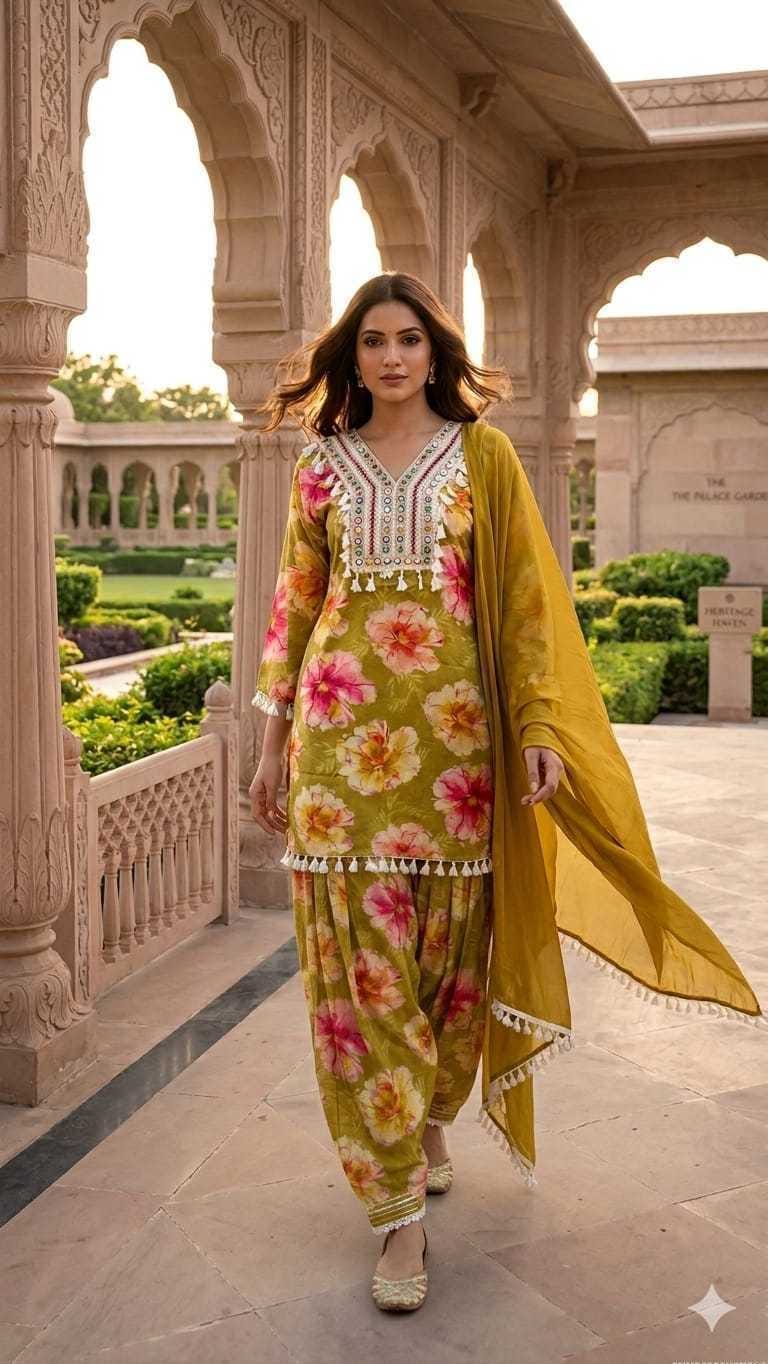Women’s Olive Green Floral Printed Patiala Suit Set with Dupatta | Embroidered Ethnic Kurta Set for Festive & Casual Wear