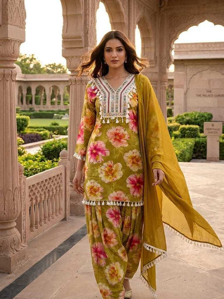 Women’s Olive Green Floral Printed Patiala Suit Set with Dupatta | Embroidered Ethnic Kurta Set for Festive & Casual Wear