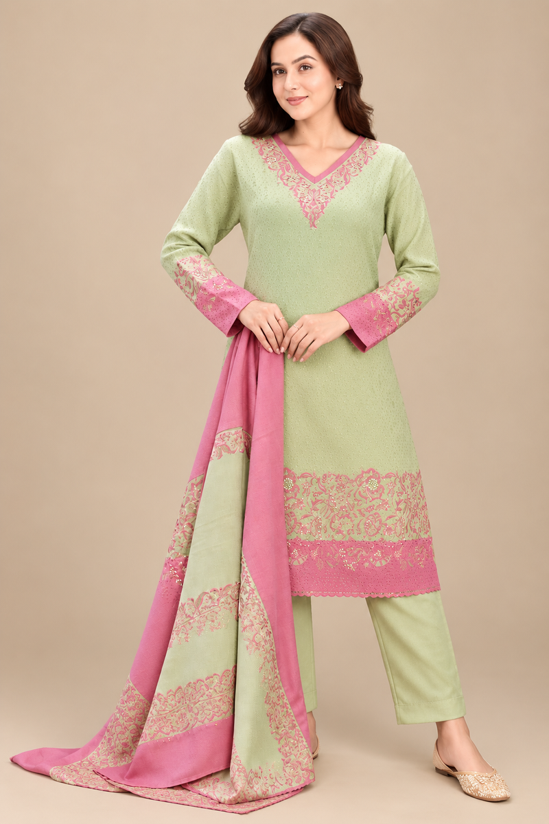 Woollen Embroidered Winter Suit Set with Stole