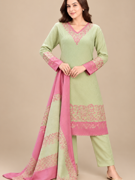 Woollen Embroidered Winter Suit Set with Stole