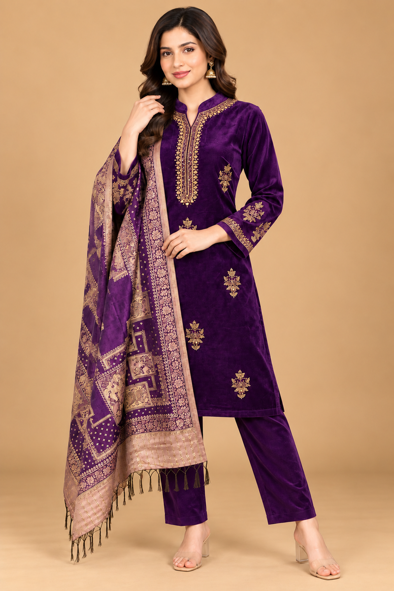 Royal Plum Velvet Embroidered 3-Piece Suit Set with Printed Shawl