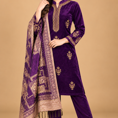 Royal Plum Velvet Embroidered 3-Piece Suit Set with Printed Shawl