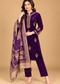 Royal Plum Velvet Embroidered 3-Piece Suit Set with Printed Shawl