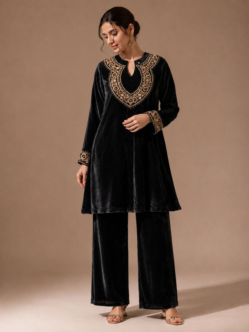 Royal Wine Velvet Embroidered Co-ord Set for Women