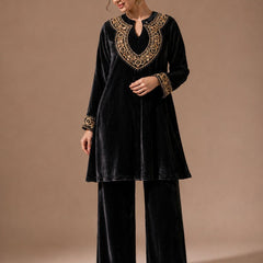 Royal Wine Velvet Embroidered Co-ord Set for Women