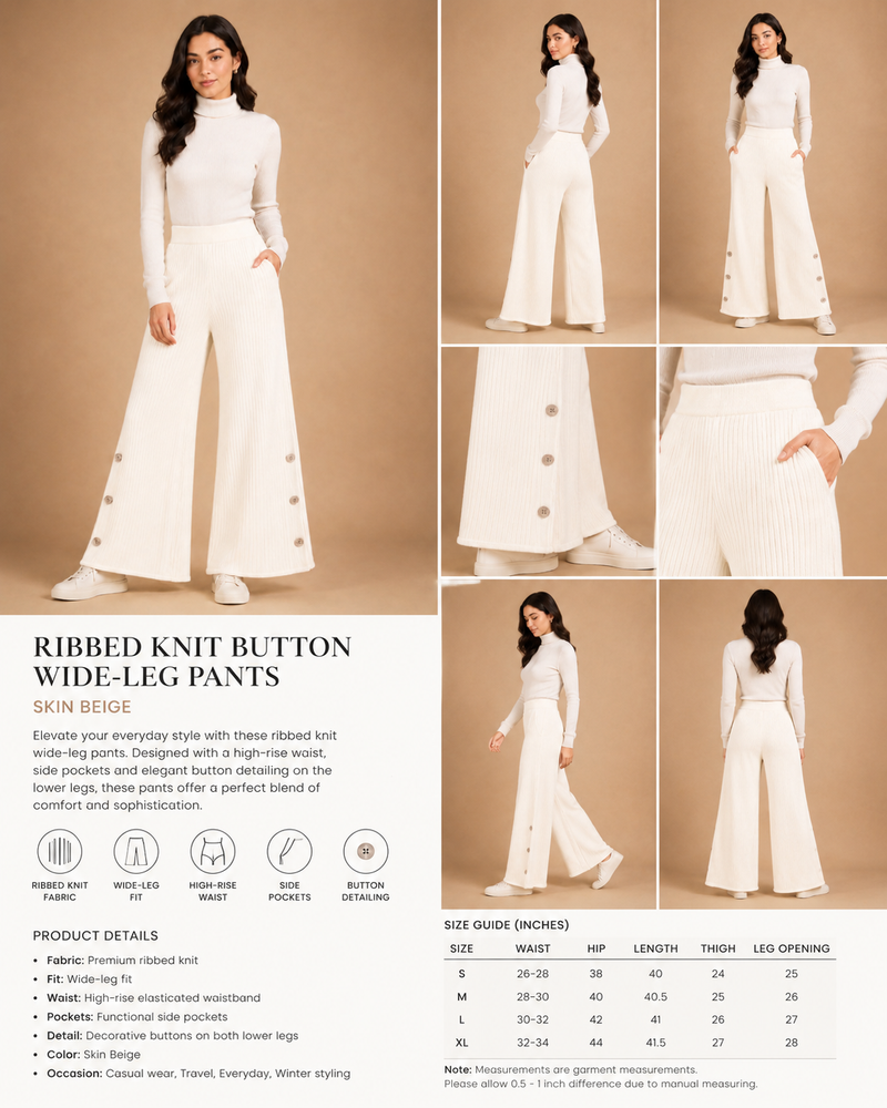 Women’s Premium Ribbed Knit Wide-Leg Pants with Button Detail