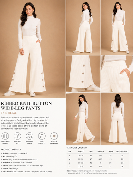 Women’s Premium Ribbed Knit Wide-Leg Pants with Button Detail