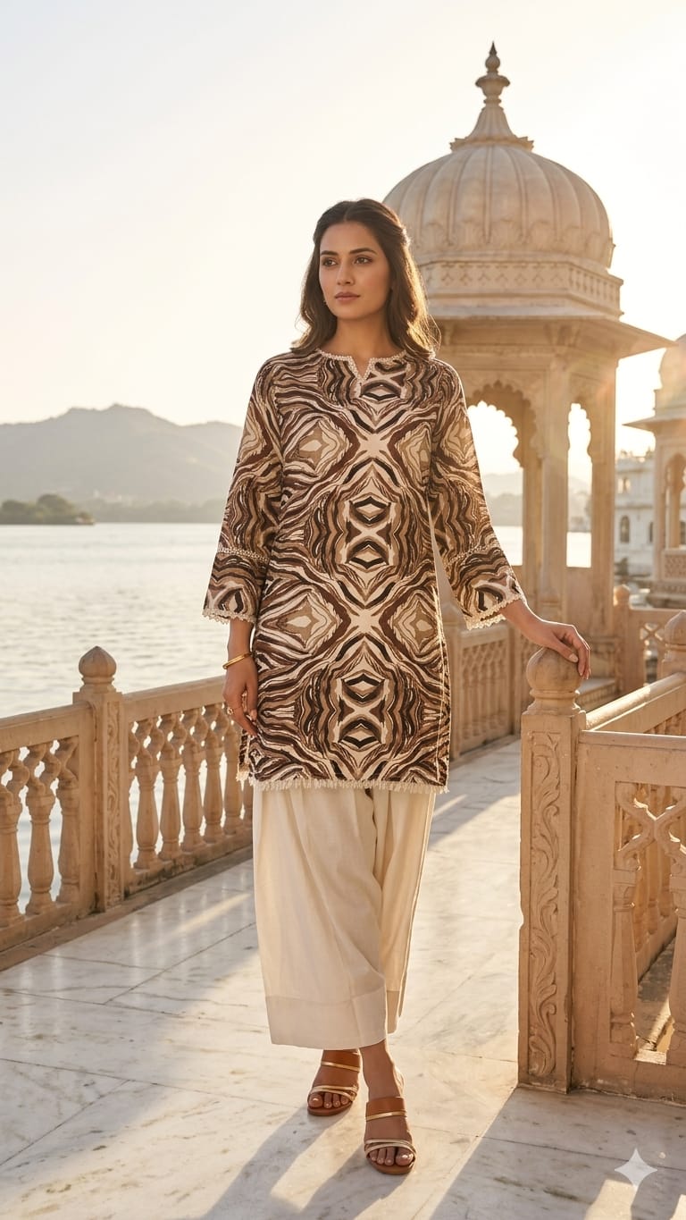 Women’s Brown Abstract Printed Straight Kurta with Ivory Palazzo | Elegant Casual Ethnic Wear