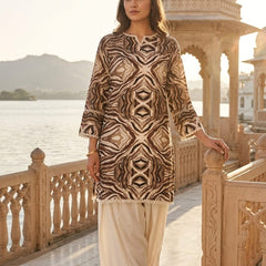 Women’s Brown Abstract Printed Straight Kurta with Ivory Palazzo | Elegant Casual Ethnic Wear