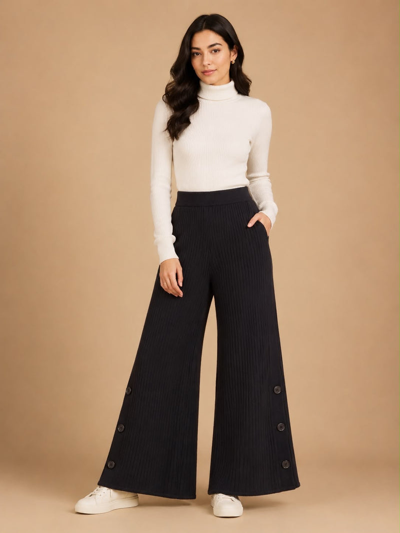 Women’s Premium Ribbed Knit Wide-Leg Pants with Button Detail
