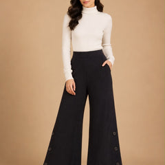 Women’s Premium Ribbed Knit Wide-Leg Pants with Button Detail