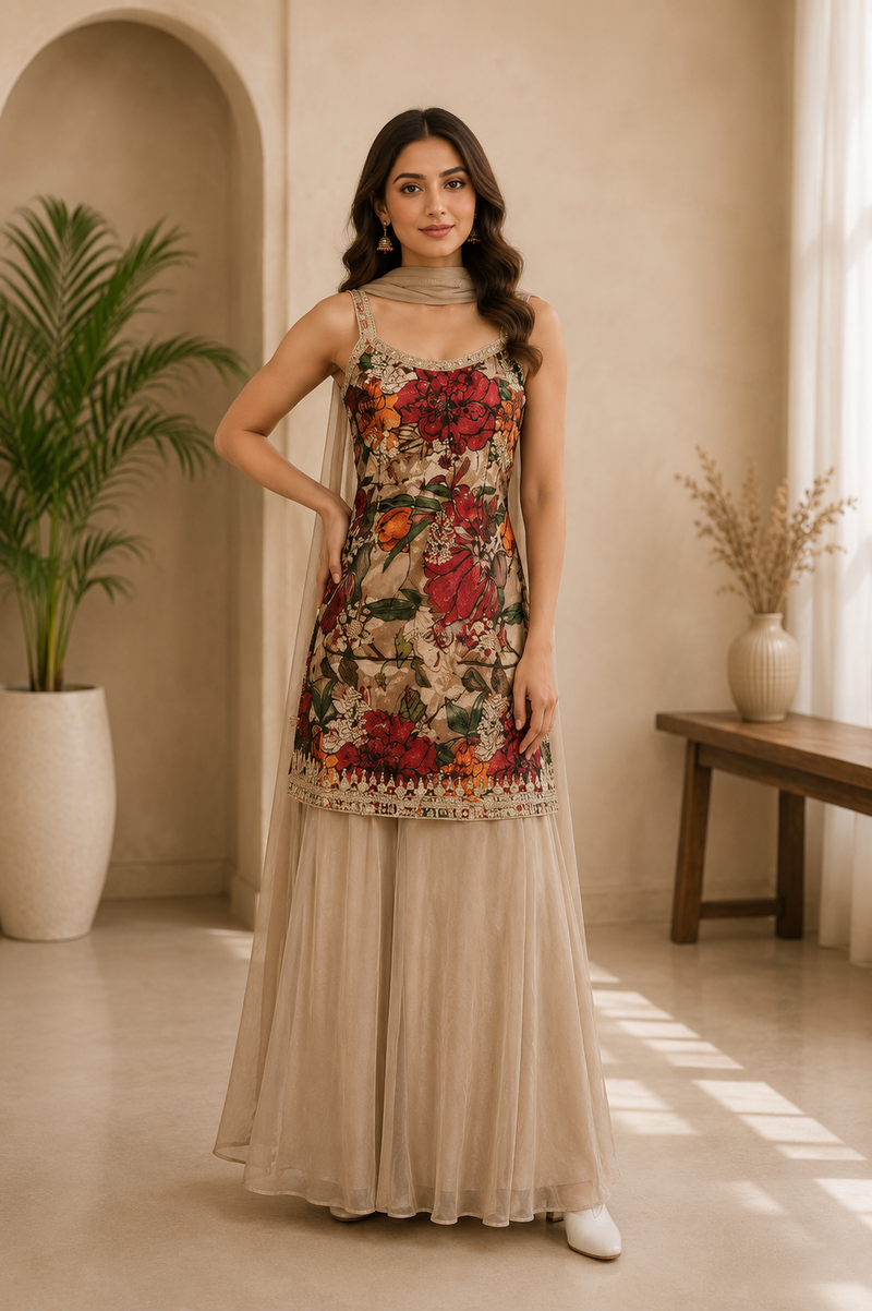 Women’s Beige Floral Printed Kurta with Organza Sharara & Dupatta | Festive Ethnic Suit Set