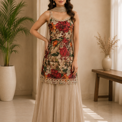 Women’s Beige Floral Printed Kurta with Organza Sharara & Dupatta | Festive Ethnic Suit Set