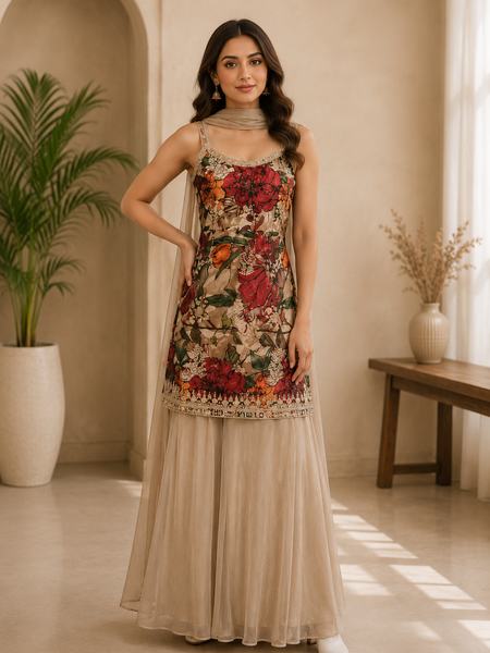Women’s Beige Floral Printed Kurta with Organza Sharara & Dupatta | Festive Ethnic Suit Set